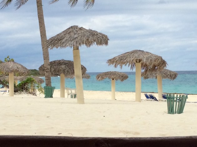 Cuban beach with azure sea golden sand and palm-style shelters
